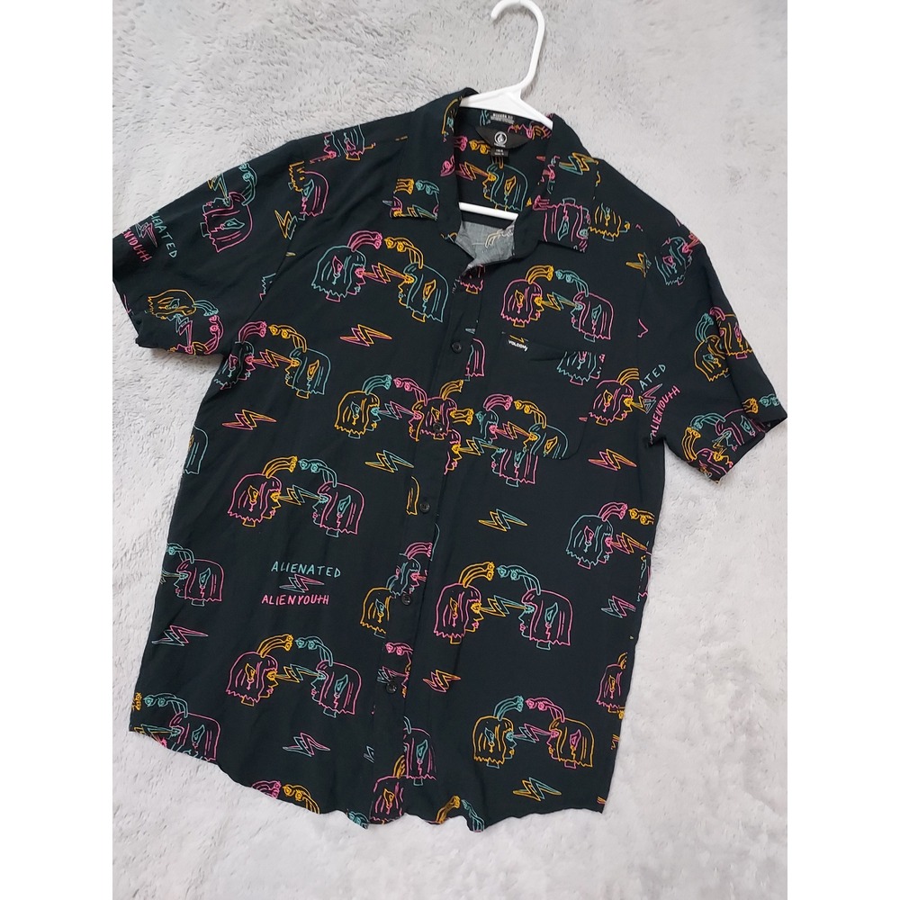 Volcom Shirt Mens Medium Alienated Alien Youth Graphic Button Down Black Surfer